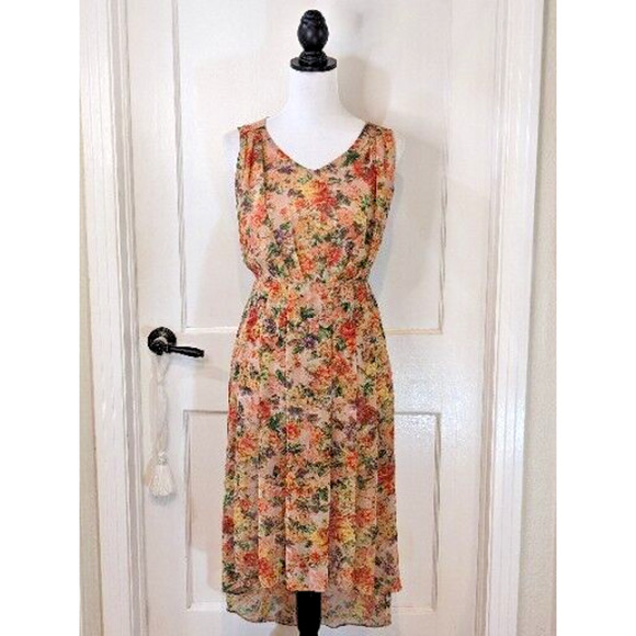 Y2K Chiffon Tapestry Slip Dress M Peach Floral Draped Pleats Hi-Lo Cottagecore - Picture 3 of 12